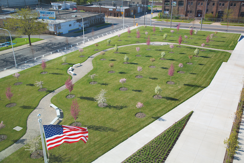 courthouse lawn dotted with trees